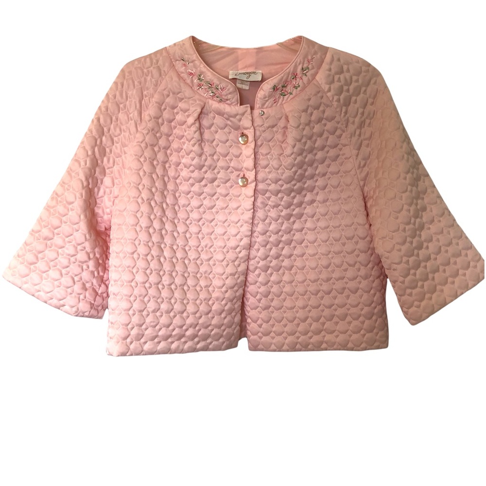 Vintage Barbizon Bed Jacket Pink Quilted Satin Embroidered Collar Women's L